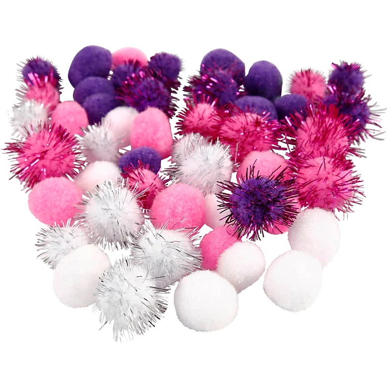 Pompoms, Dia. 15+20 mm, lila, ljusröd, vit, 48 mix./ 1 förp. [HOB-51884]