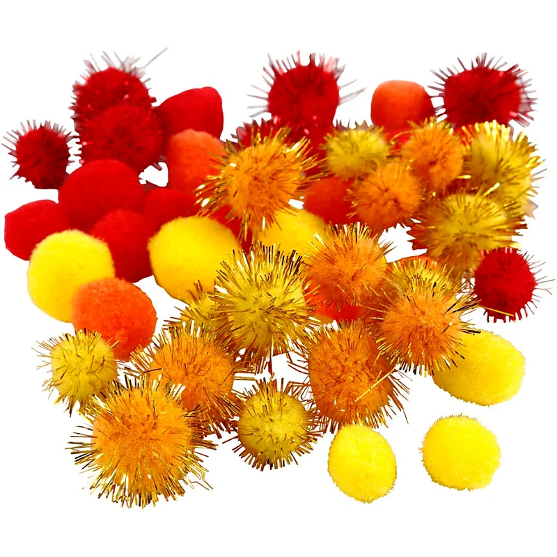 Pompoms, Dia. 15+20 mm, orange, röd, gul, 48 mix./ 1 förp. [HOB-51882]