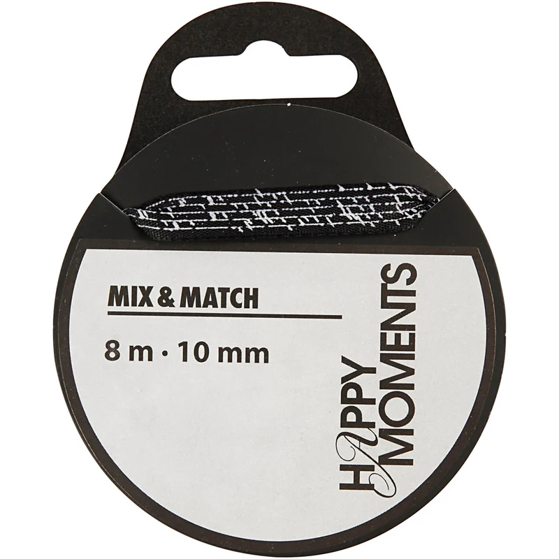 Satinband med tryck, B: 10 mm, svart, 8 m/ 1 rl. [HOB-524602]
