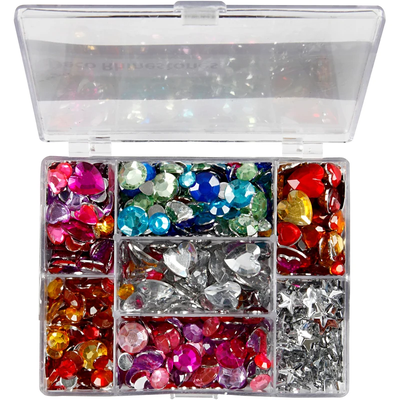Rhinestones i ask, runda, stjärnor, hjärtan, Dia. 6+7+9+10+11+12+14+16 mm, blå, rosa, silver, 300 st./ 1 förp. [HOB-52315]