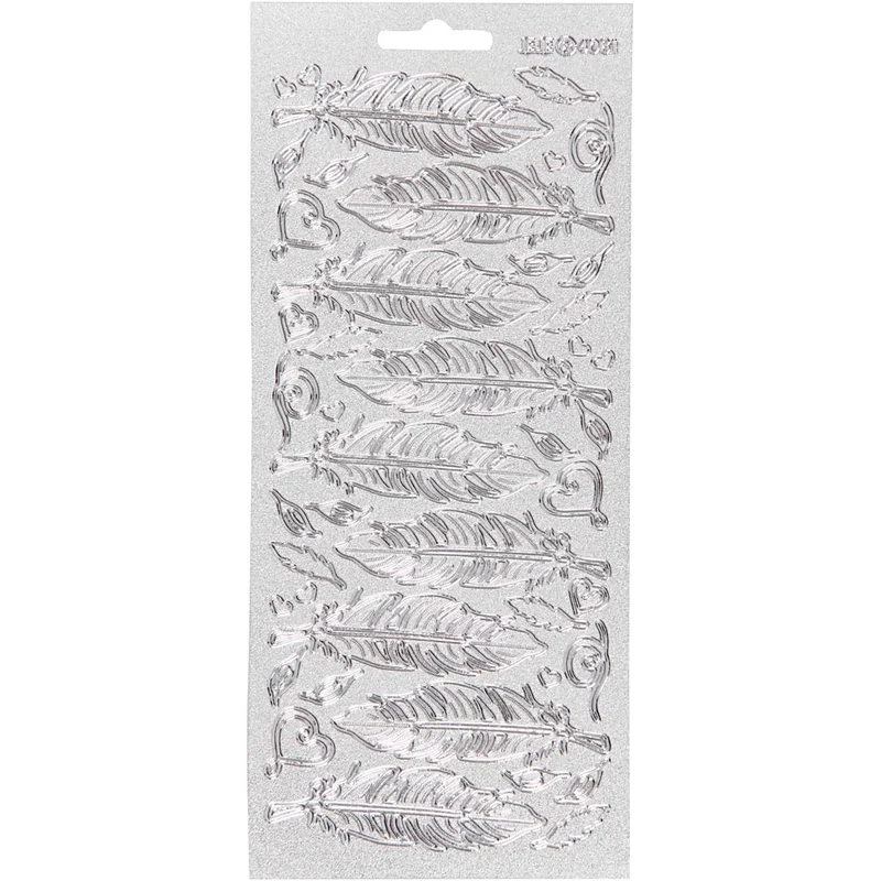 Stickers, fjädrar, ark 10x23 cm, silver, 1 ark [HOB-170191]