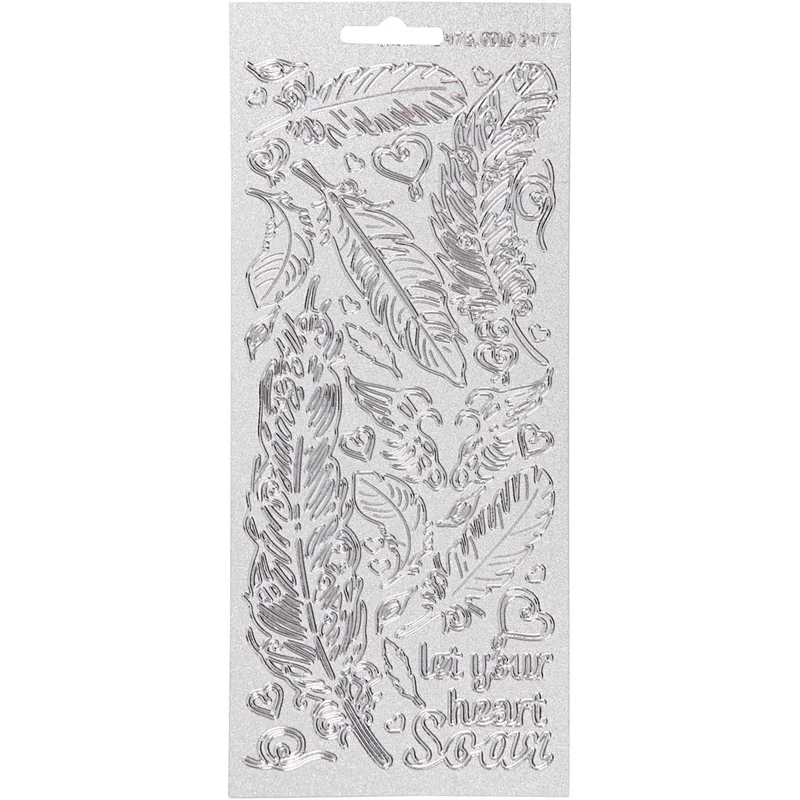 Stickers, fjädrar, ark 10x23 cm, silver, 1 ark [HOB-170130]