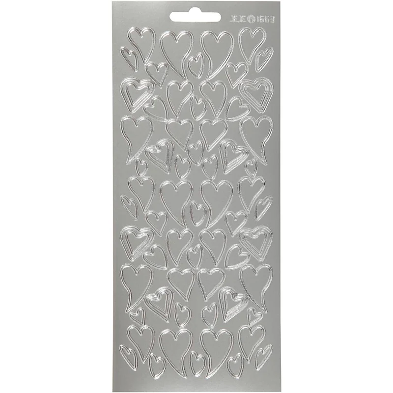Stickers, hjärtan, ark 10x23 cm, silver, 1 ark [HOB-170105]