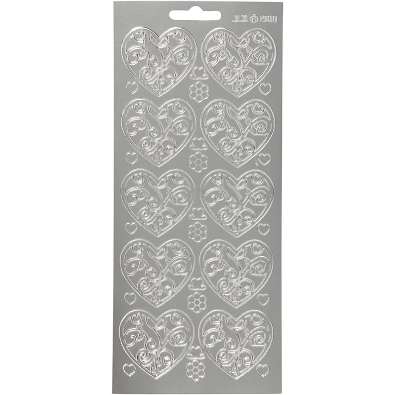 Stickers, hjärtan, ark 10x23 cm, silver, 1 ark [HOB-170053]