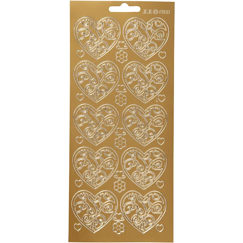 Stickers, hjärtan, ark 10x23 cm, guld, 1 ark [HOB-170052]