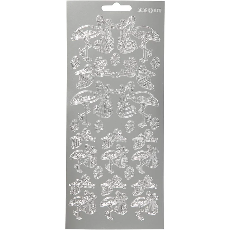 Stickers, stork med baby, ark 10x23 cm, silver, 1 ark [HOB-170014]