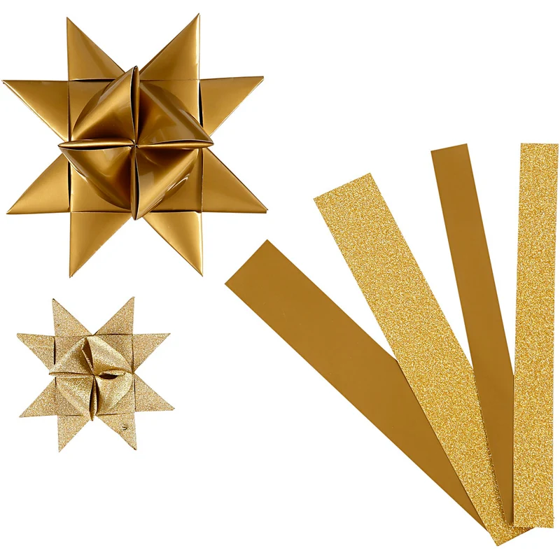 Stjärnstrimlor, L: 44+78 cm, Dia. 6,5+11,5 cm, B: 15+25 mm, glitter,lack, guld, 40 strimlor/ 1 förp. [HOB-20776]