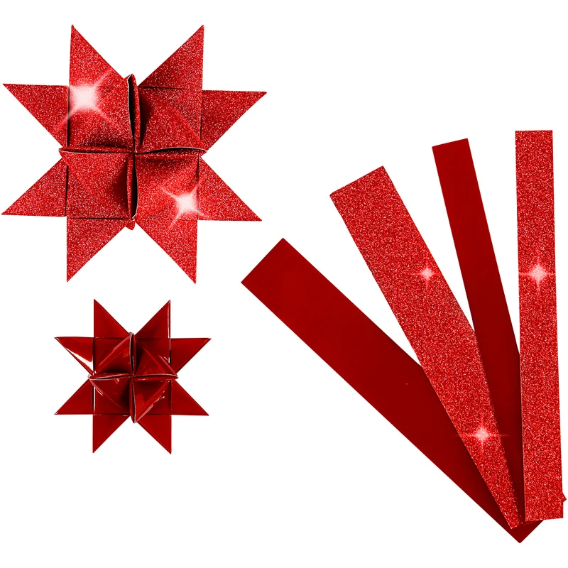Stjärnstrimlor, L: 44+78 cm, B: 15+25 mm, Dia. 6,5+11,5 cm, glitter,lack, röd, 40 strimlor/ 1 förp. [HOB-20775]