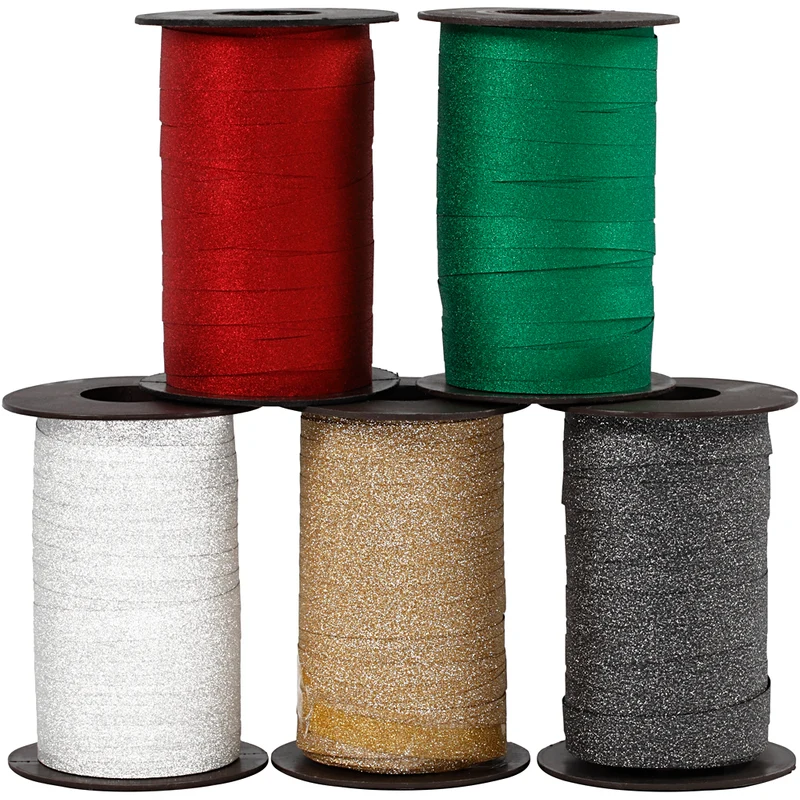 Presentsnören, B: 10 mm, glitter, mixade färger, 5x100 m/ 1 förp. [HOB-20241]