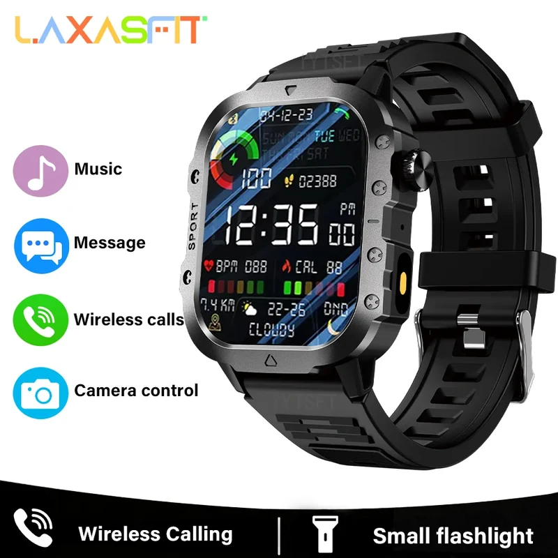 LAXASFIT Outdoor Smart Watch 2025 – 2.01" HD Screen, LED Flashlight, Bluetooth Voice Call