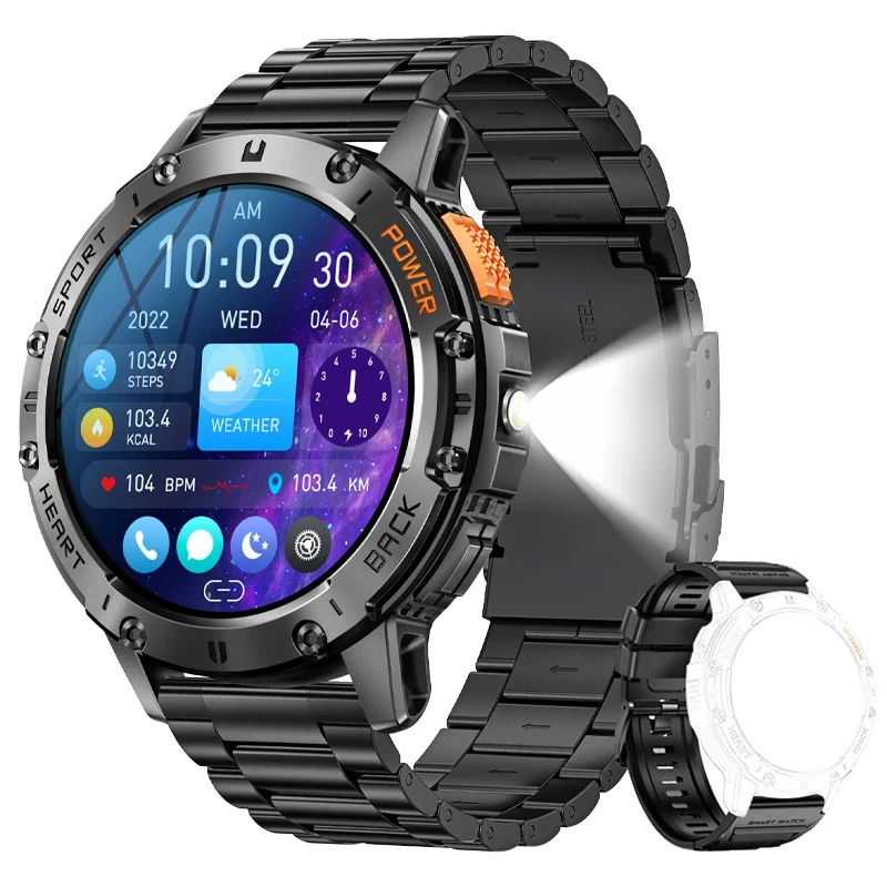 AMOLED Smart Watch for Men – Flashlight, Sports, Waterproof, Bluetooth Call + Box