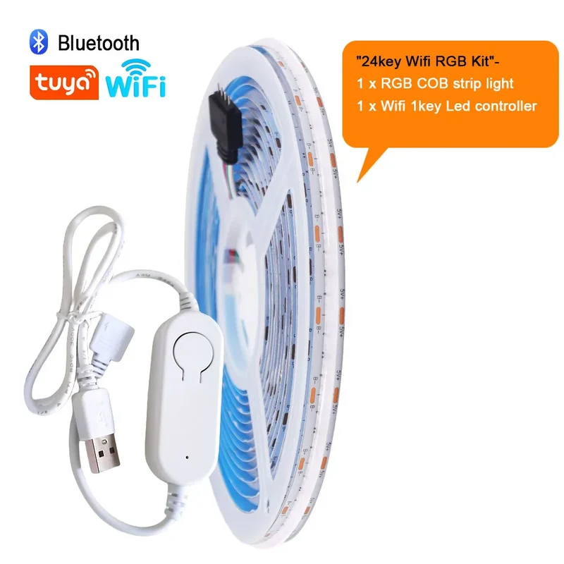 WiFi Bluetooth RGB COB LED Strip Light – 576 LEDs, 24/44 Key Remote, Flexible Tape Kit
