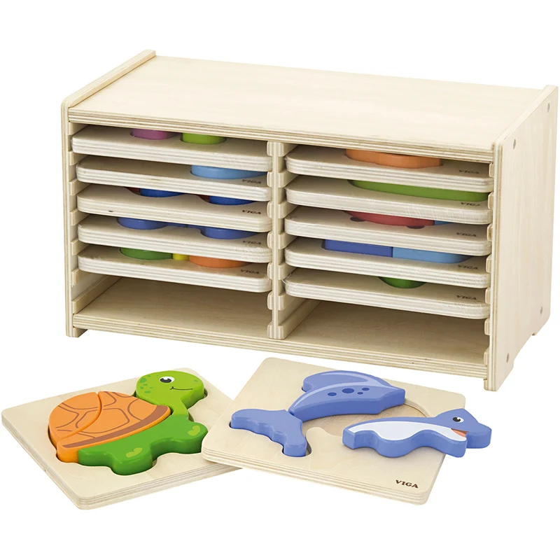 VIGA pusselhylla med 12 blockpussel, H: 17,5 cm, L: 31,5, B: 16 cm, 2 brickor, 12 delar/ 1 set [HOB-908538]