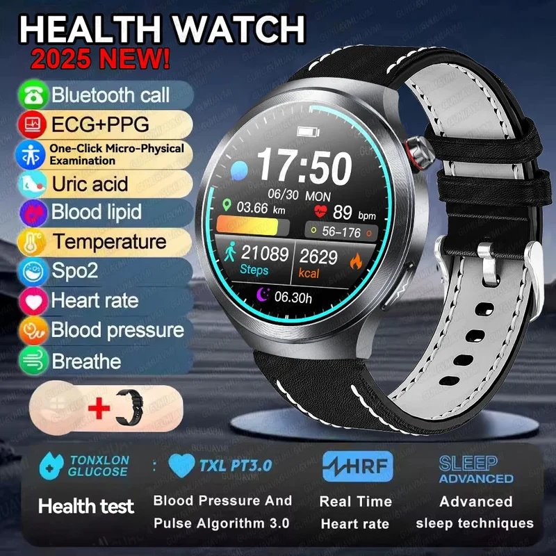 2025 Health Smart Watch – ECG+PPG, Blood Pressure, Blood Oxygen, Uric Acid, Bluetooth Call