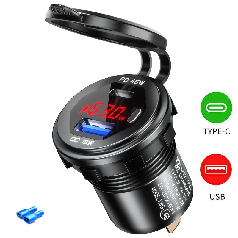 63W Aluminum USB-C Car Charger Socket – PD & QC3.0 Dual Port, 12V/24V for Car, Boat & Motorcycle