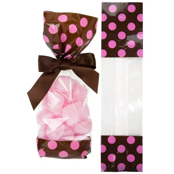 Tryckta Påsar Brun med Rosa Pricka 6,7x4,8x27,3cm med Sidoinvik (100 st) [G2BP]