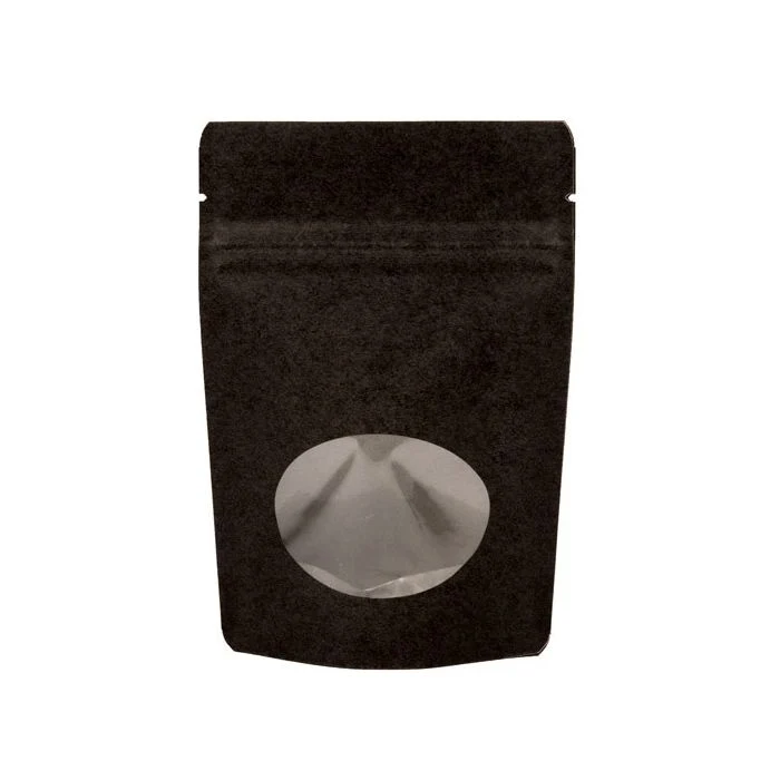 Stå upp påsar Kraft Svart med oval Fönster 10,2x6x15,2cm | 57 gram (100 st) [ZBGO2BK]
