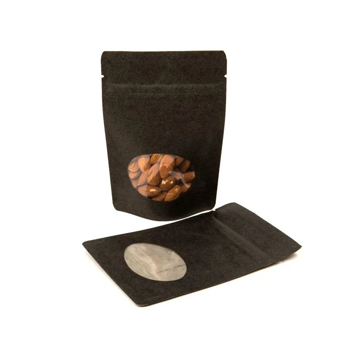 Stå upp påsar Kraft Svart med oval Fönster 13x8x20,5cm | 113 gram (100 st) [ZBGO3BK]