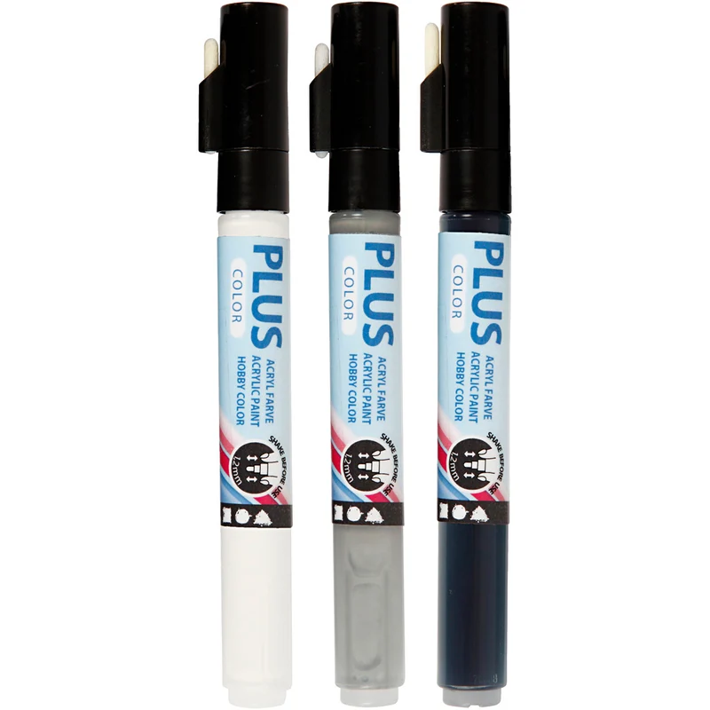 Plus Color Tusch, L: 14,5 cm, spets 1-2 mm, svart, råvit, rain grey, 5,5 ml, 3 st./ 1 förp. [HOB-39898]