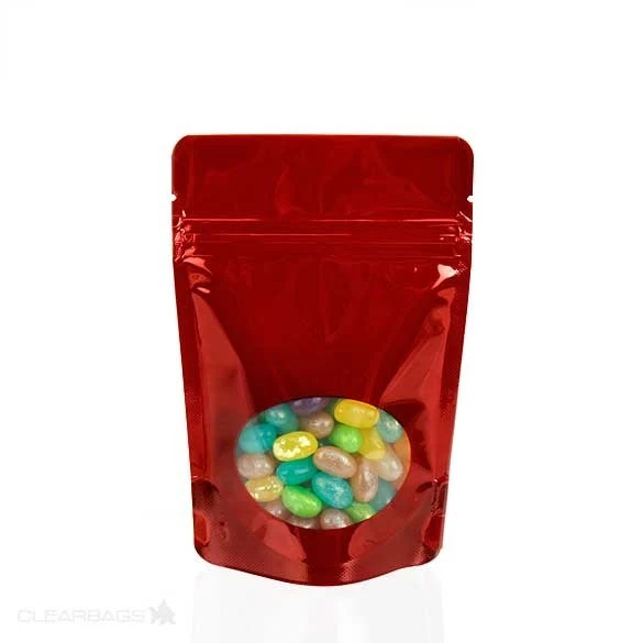 Stå upp påsar Röd med oval Fönster 10x6x15cm | 57 gram (100 st) [ZBGO2R]