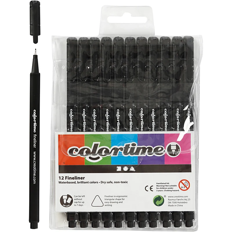 Colortime Fineliner-tuschpennor, spets 0,6-0,7 mm, svart, 12 st./ 1 förp. [HOB-373661]