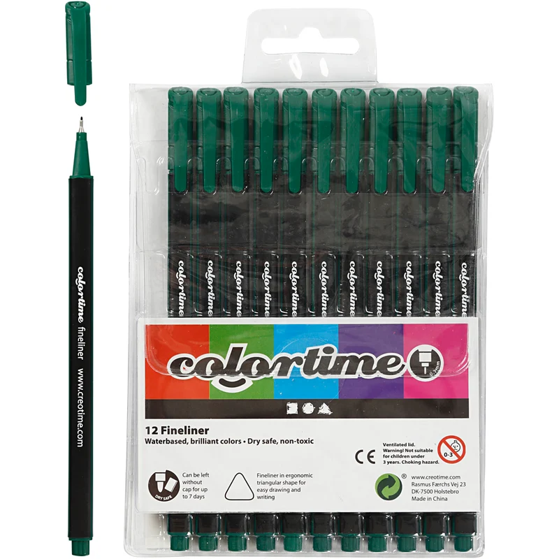 Colortime Fineliner-tuschpennor, spets 0,6-0,7 mm, mörkgrön, 12 st./ 1 förp. [HOB-373654]