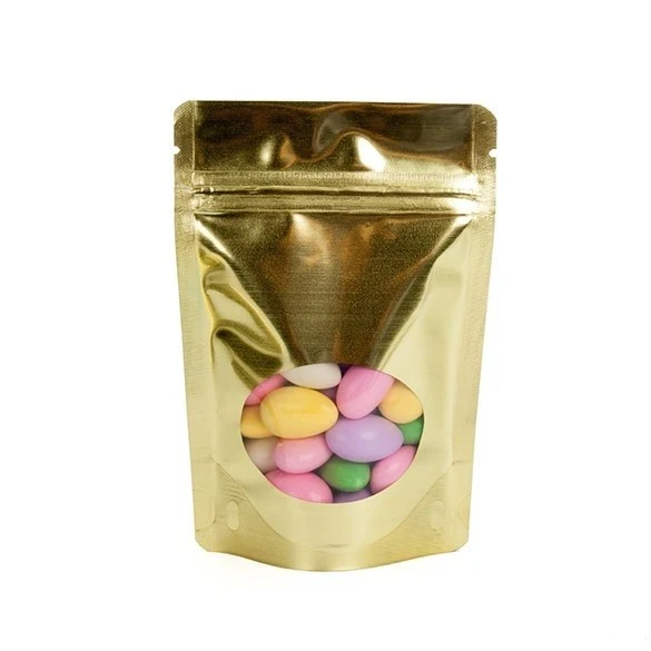 Stå upp påsar Guld med oval Fönster 10x6x15cm | 57 gram (100 st) [ZBGMO2SG]