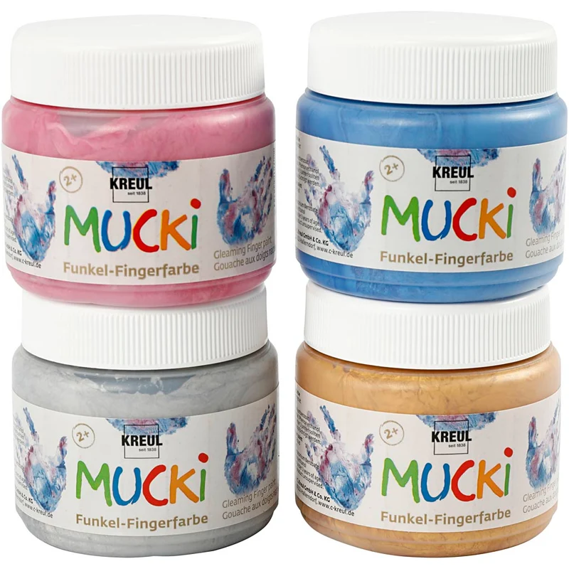Mucki Fingerfärg, metallicblå, metallguld, metallicrosa, metallsilver, 4x150 ml/ 1 förp. [HOB-34750]