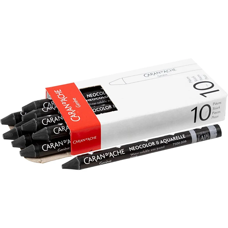 CARAN D’ACHE Neocolor II akvarellkritor, L: 10 cm, tjocklek 8,5 mm, black (009), 10 st./ 1 förp. [HOB-34051]
