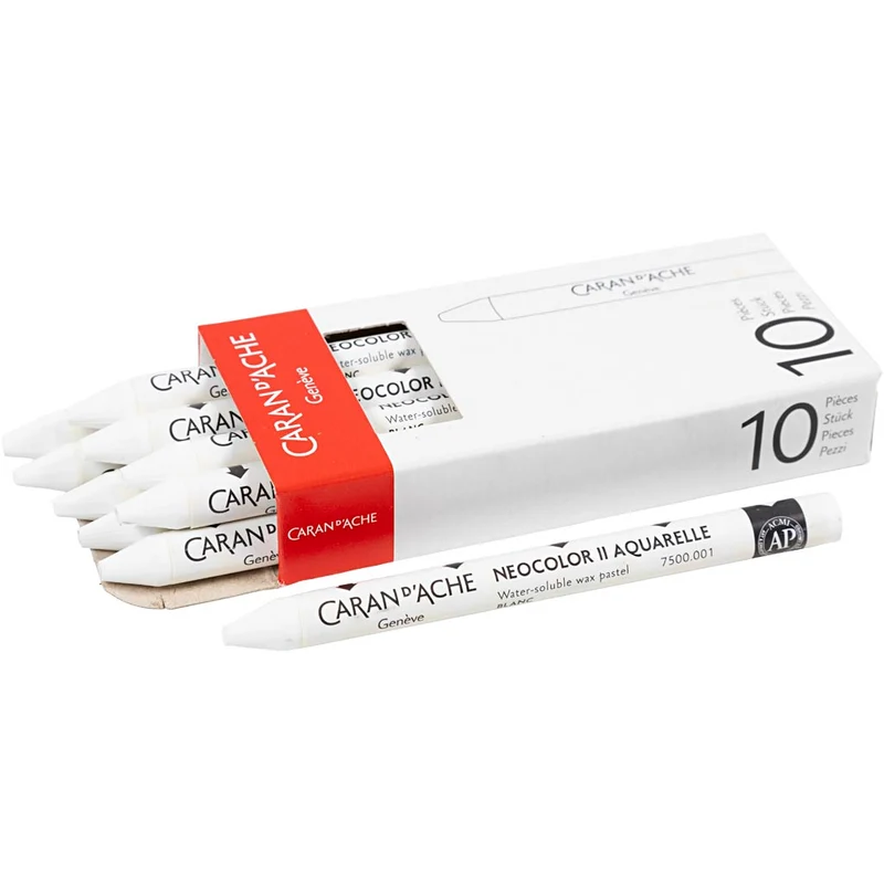 CARAN D’ACHE Neocolor II akvarellkritor, L: 10 cm, tjocklek 8,5 mm, white (001), 10 st./ 1 förp. [HOB-34050]