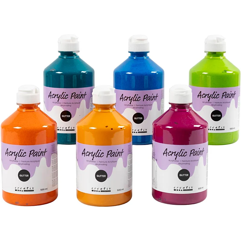 Glitterakrylfärg, mixade färger, 6x500 ml/ 1 förp. [HOB-32500]