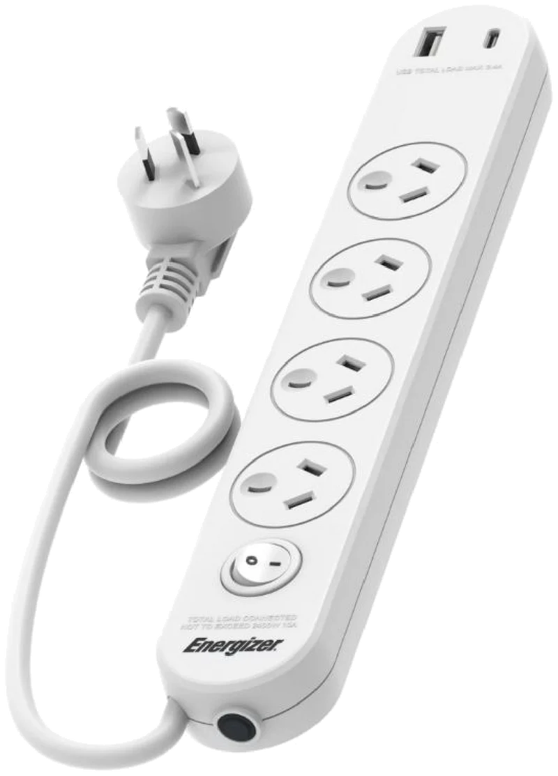 Energizer 4 Outlet Power Board with Surge Protection & 2 USB Ports
