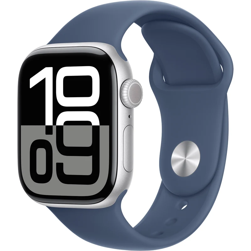 Apple Watch Series 10 (GPS+Cell) 42mm Silver Alum Case with Blue Sport Band, S/M (MWX33)