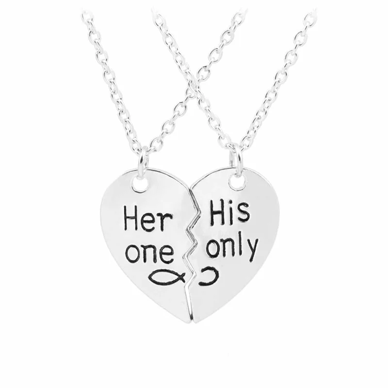 Couple's Split Heart Necklace Set - Her One & His Only, Silver