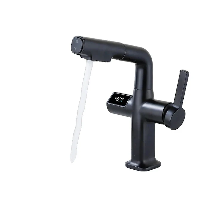 Modern Basin Faucet With Digital Temperature Display and Pull-Out Spray, Black