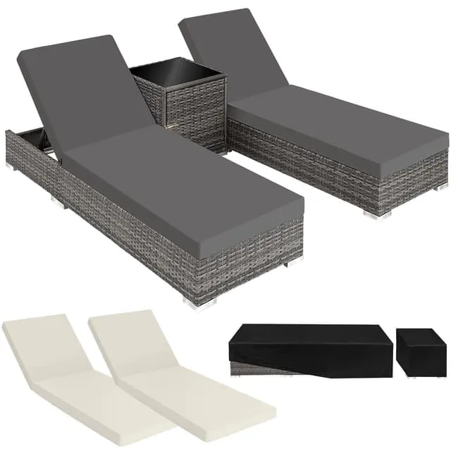 Tectake Set with 2 Sun Loungers and 1 Table, 184 x 60 x 21 cm, Grey