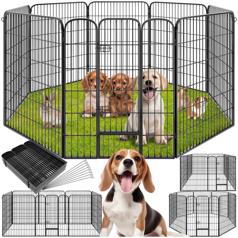 Dog Pen, 8 sections, foldable, door with double locking, 100 Centimetre, Grey