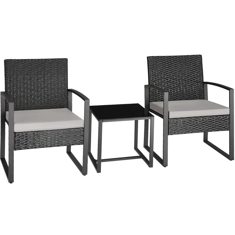 Tectake Granada Rattan Seating Group for 2 Persons, Light Grey/Black