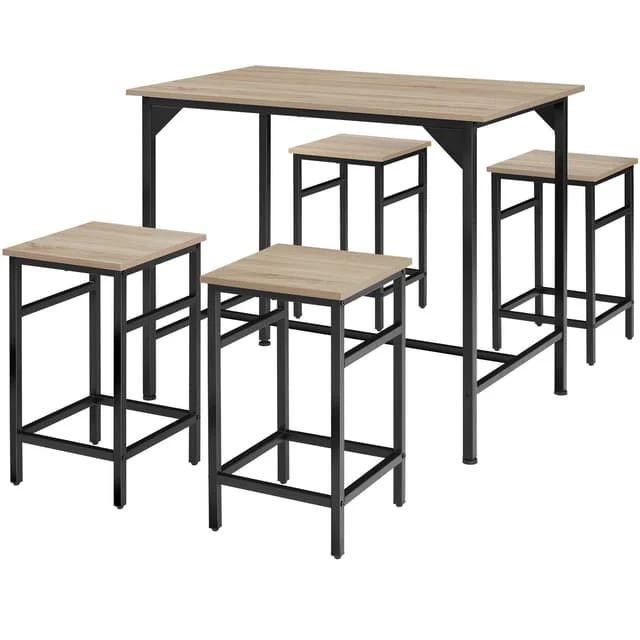Tectake Edinburgh Bar Table with 4 Stools - Industrial Light Wood, Sonoma Oak