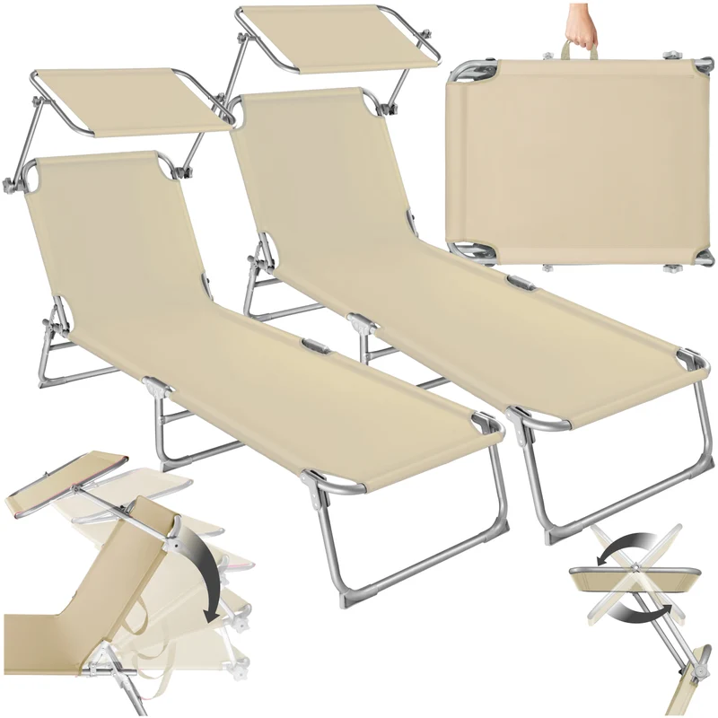 Tectake Foldable Sun Lounger with Adjustable Sunshade and 4-step Backrest, Set of 2