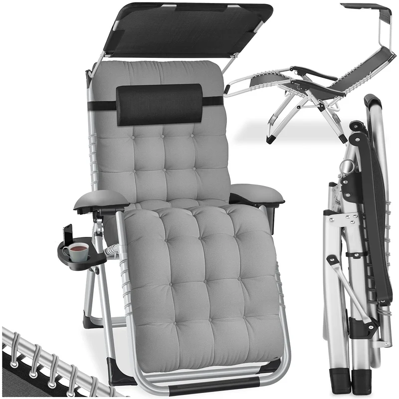 Tectake Sun Lounger Cirrus with Plush Padding and Built-in Sun Shade, Light Grey