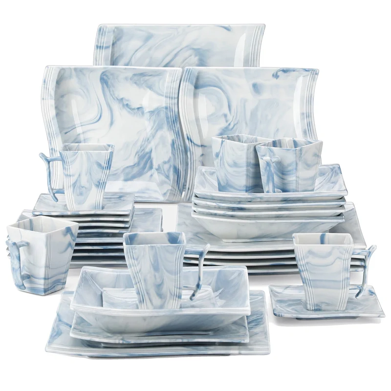 Dinnerware Set, Marble Pattern, Microwave and Dishwasher Safe, Blue, 30 Pieces
