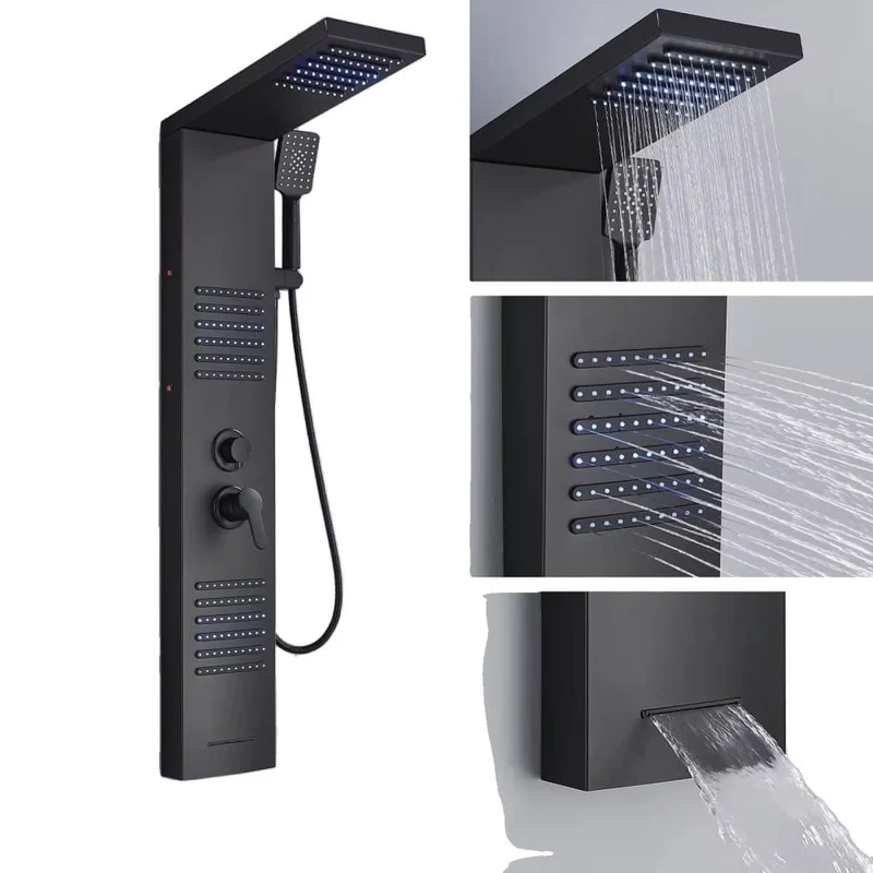 LED Shower Panel Tower System, Dual Handle, SPA Jets, Black 6004