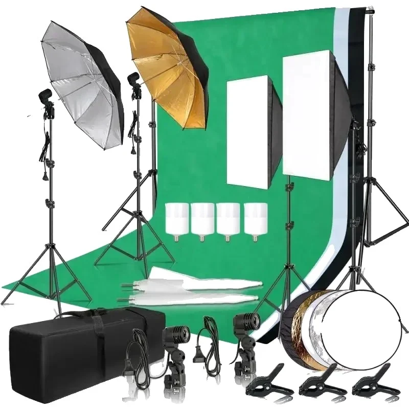 Professional Photo Kit, Luminous Umbrellas, Background Support, 3 Softboxes 50cm x 70cm, 4 Stands 2M, Multicolor