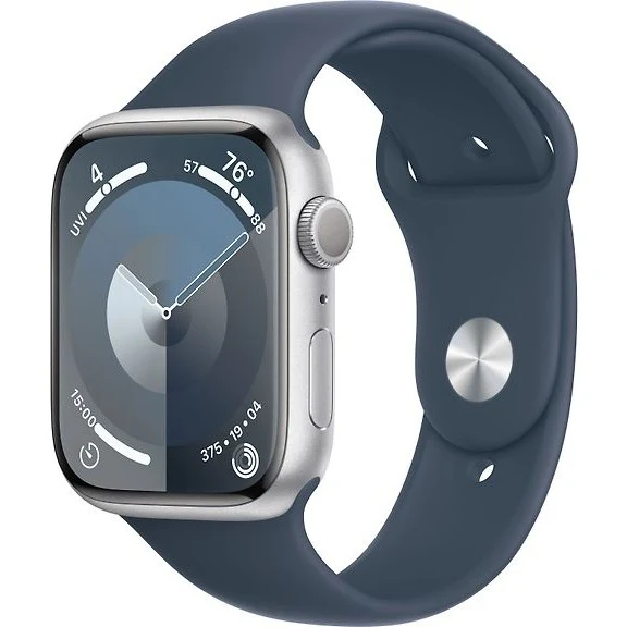 Apple Watch Series 9, 45mm M/L, Silver Aluminum Case with Blue Sport Band