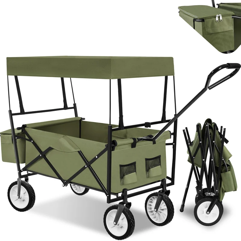 Foldable Garden Trolley with roof, 3 pockets, transport bag, 80 kg capacity