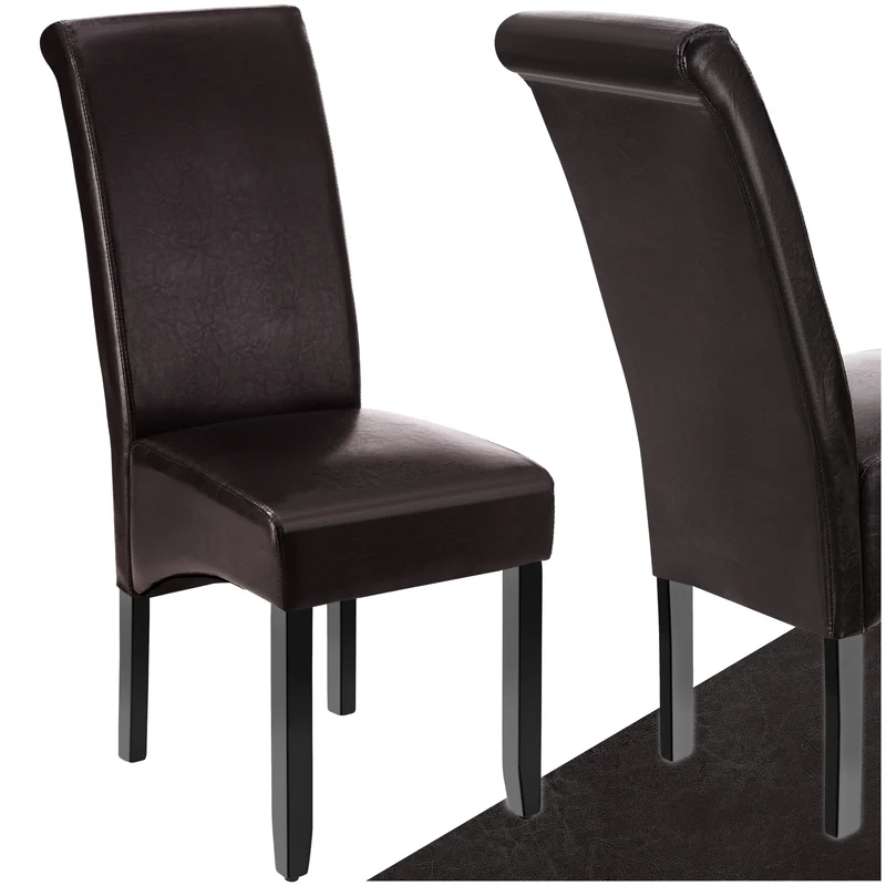 Dining Chair with Ergonomic Seat Shape, Padded Faux Leather, Dark Brown