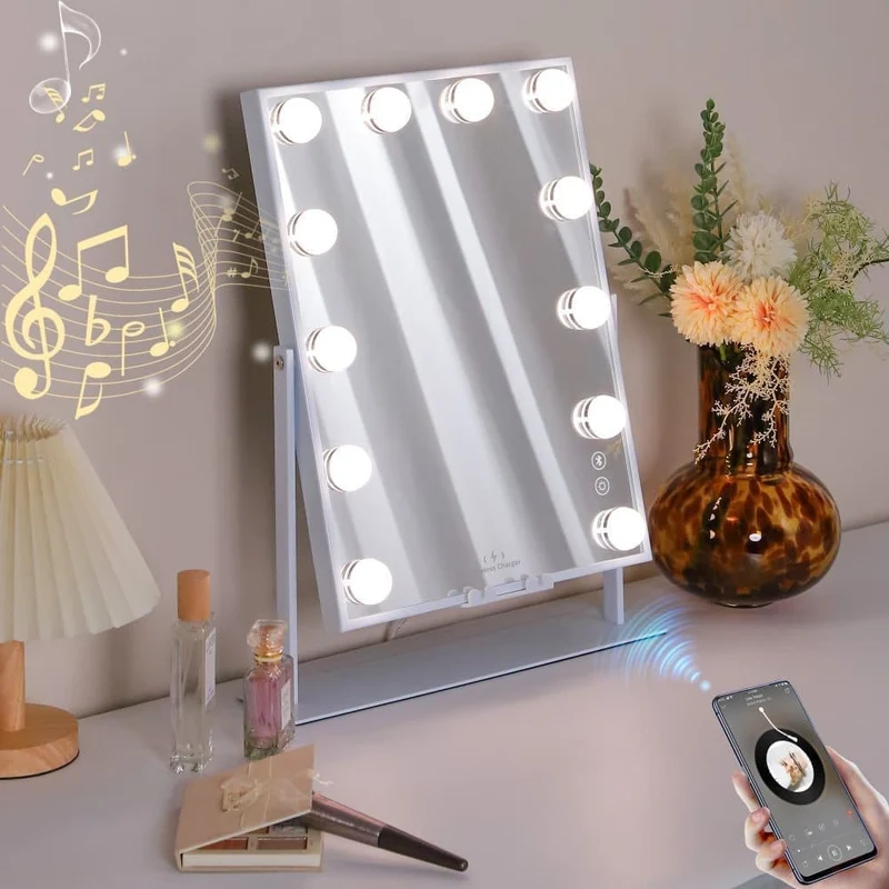 Fenchilin Hollywood Makeup Mirror with Lights, Bluetooth, Wireless Charging, White, 30 x 41 cm