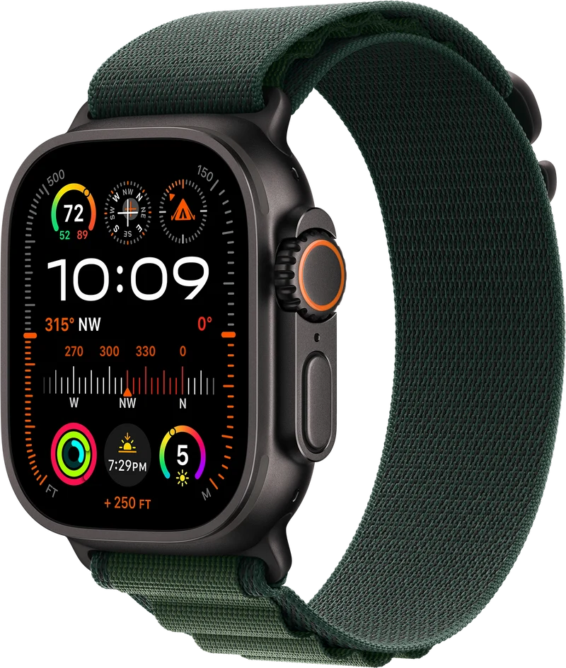 Apple Watch Ultra 2 (GPS + Cell) 49 mm, Black Titanium Case with Dark Green Alpine Loop