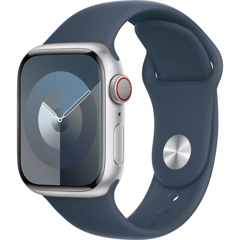 Apple Watch Series 9 (GPS+Cell) 41mm Silver Aluminum Case, Blue Sport Band, S/M